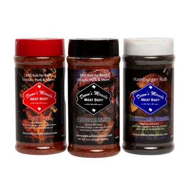Original Blend, Heat Dust and Backyard Burger Rub and Seasoning.  Use on smoked meats, grilling and oven cooking. All purpose that works on beef, chicken, veggies, seafood.