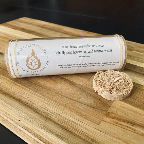 Organic Pine heartwood with natural waxes. Renewable resources fire starters